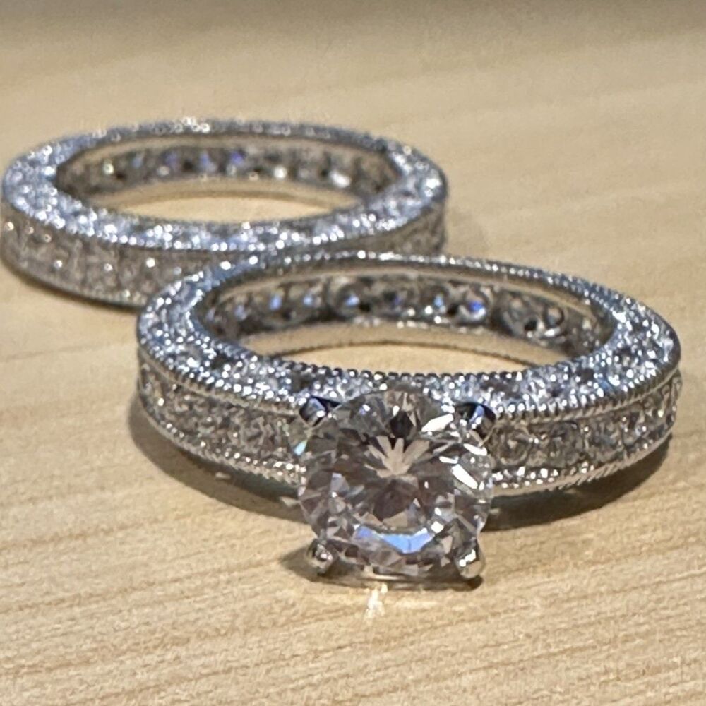 Judith Ripka 925 Silver Diamonique Solitaire Ring & Matching Band Set Size 10